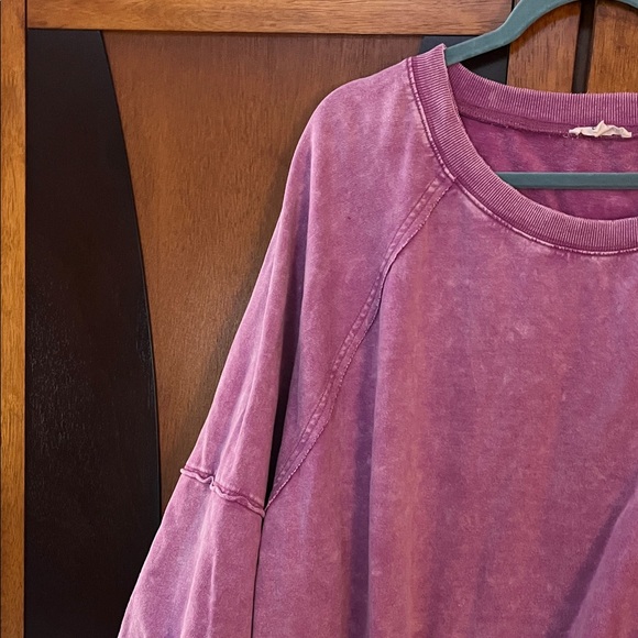 Fuchsia Acid Washed Oversized Sweatshirt w/ Pieced Balloon Sleeves, Raw Seams - Picture 3 of 8